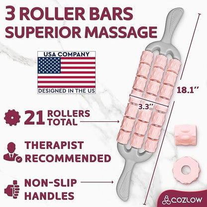 Triple Roller Massage Stick - Body Massager for Muscles - Fascia Rolling Tool - Deep Tissue Therapy for Myofascial Release and Lymphatic Drainage - Handheld Anti Cellulite Device - by Cozlow