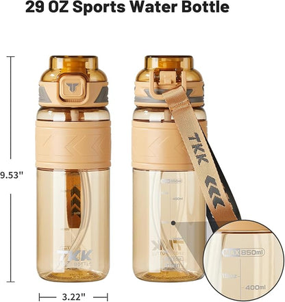 TKK Sports Water Bottles with Removable Straw 29 oz Leak-proof Flip Top Lid BPA Free Tritan Bottle with Strap for School, Fitness, Gym, Outdoor, Soft Orange