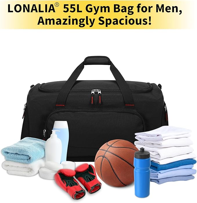 55L Sports Gym Duffle Bag for Men - 22 inch Large Duffel bag for Workout, Travel, Weekender, Fitness (Black)