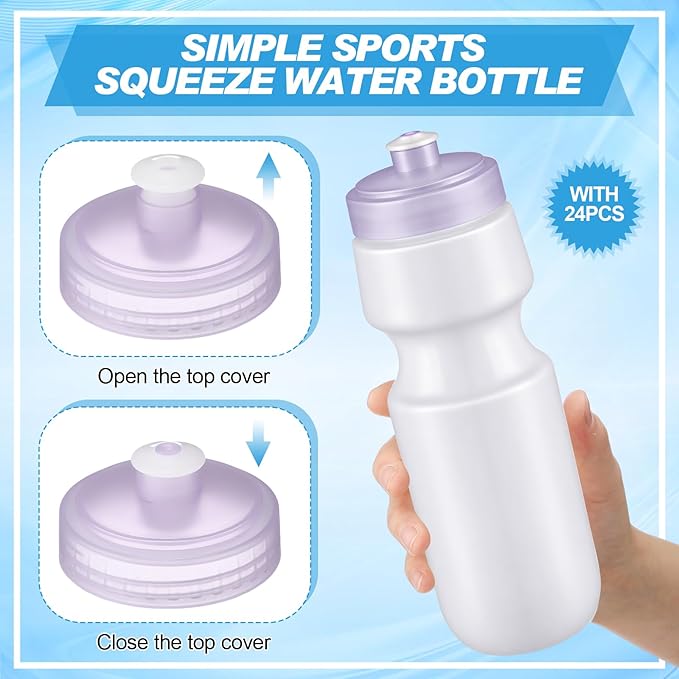 Nitial 24 Pcs Sports Water Bottles Bulk 22 oz Squeeze Reusable Sports Water Bottles Blank Plastic Water Bottles with Pull Top Cap for Adults Sports Fitness Bike, Dishwasher Safe