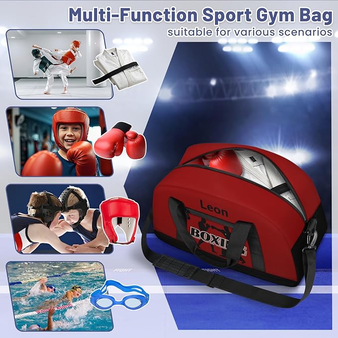 Custom Name Taekwondo Karate Duffle Bag for kids Boy Girls - Personalized Martial Arts Gear Bag, Water-Resistant Sparring Equipment Bag, Boxing Red Black