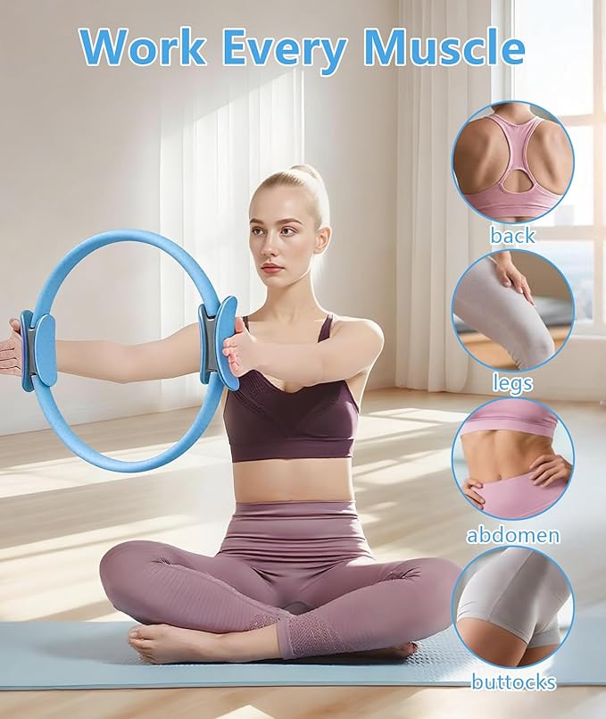 Pilates Ring Set with Adjustable Resistance - Full Body Workout Kit for Women, Portable Travel Bag & Anti-Slip Accessories - Blue