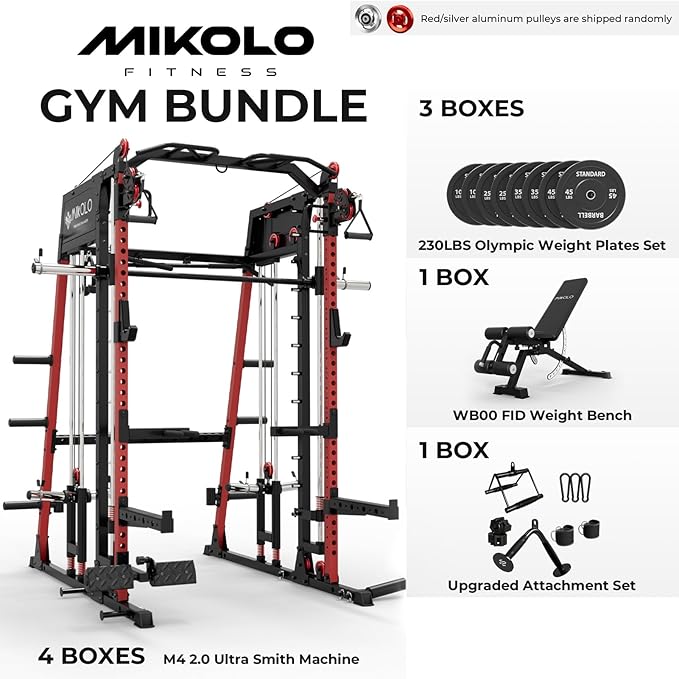 Mikolo M4 2.0 Standard/Ultra/Elite Smith Machine, 2200lbs Squat Rack with LAT-Pull Down System & Cable Crossover Machine, Training Equipment with Leg Hold-Down Attachment