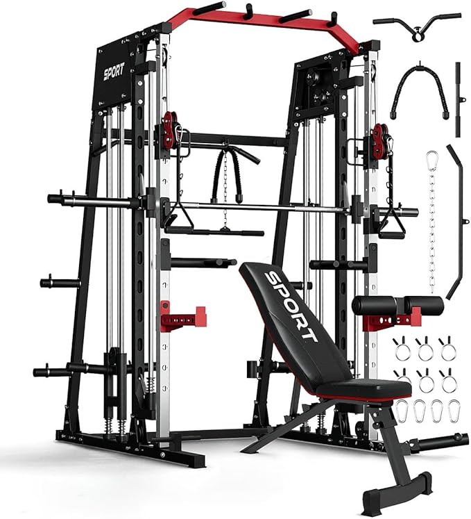 Smith Machines Home Gym with Bench, Squat Rack with Weight Bar, Dual LAT Pull-Down Systems & Cable Crossover Machine for Full-Body Workouts Training, Red & Black