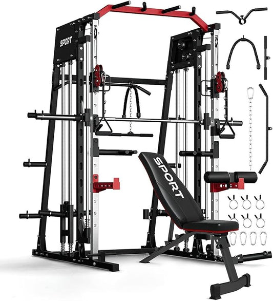 Smith Machines Home Gym with Bench, Squat Rack with Weight Bar, Dual LAT Pull-Down Systems & Cable Crossover Machine for Full-Body Workouts Training, Red & Black