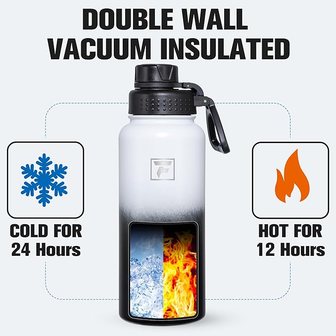 Fanhaw 32 oz Insulated Water Bottle – Portable Stainless Steel Flask with 3 Lids (Straw, Spout, Carabiner) | Leakproof, for Gym, Hiking, Work, Travel & Everyday Use (White Black)