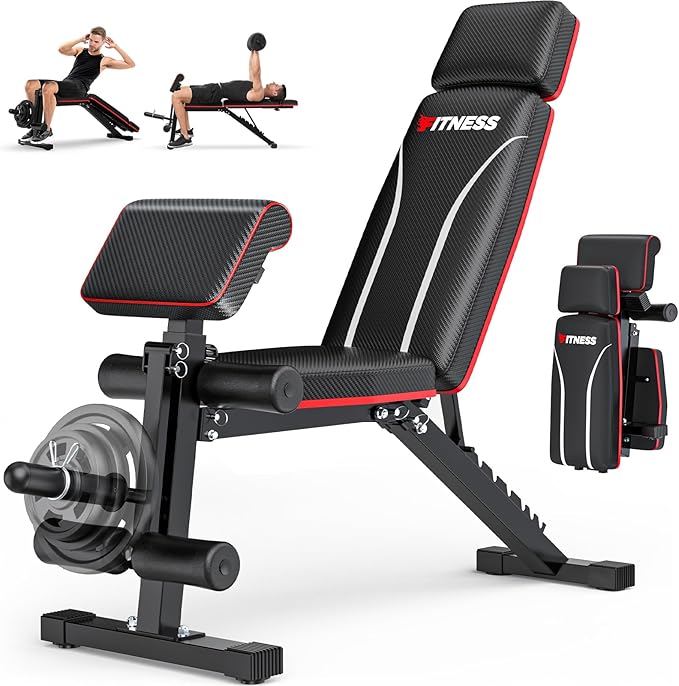 Fostoy Foldable Workout Bench, Adjustable Weight Bench for Home Gym, Multi Functional Gym Bench w/Leg Extension &Preacher Pad, Extra Headrest, Fast Folding Strength Training Incline Sit up Bench 800LB