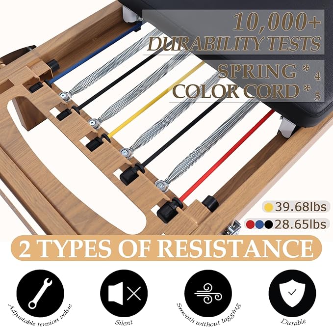 Foldable Pilates Reformer & Pilates Square Box Set–90% Pre-Assembled Home Gym Women Men Workouts Bundle, Dual Resistance System (Springs + Latex), Jumpboard & Adjustable Foot Bar for All Levels
