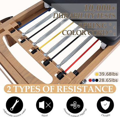 Foldable Pilates Reformer & Pilates Square Box Set–90% Pre-Assembled Home Gym Women Men Workouts Bundle, Dual Resistance System (Springs + Latex), Jumpboard & Adjustable Foot Bar for All Levels