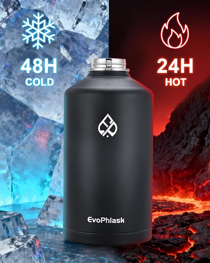 1 Gallon Water Bottle Insulated(Cold for 48Hrs), Large Stainless Steel Water Bottle BPA Free, 128 oz Leak Proof Gallon Water Jug for Sport, Hiking, Camping, Travel, Matte Black