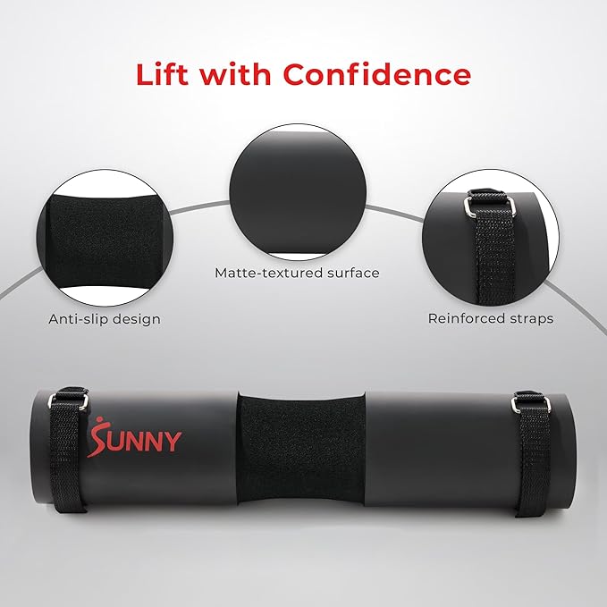 Sunny Health & Fitness 60-Inch Chrome Barbell Bar or High-Density Foam Barbell Pad – Strength Training Gear for Squats, Deadlifts, Hip Thrusts, Bench Press, Lunges & Full-Body Home Gym Workouts