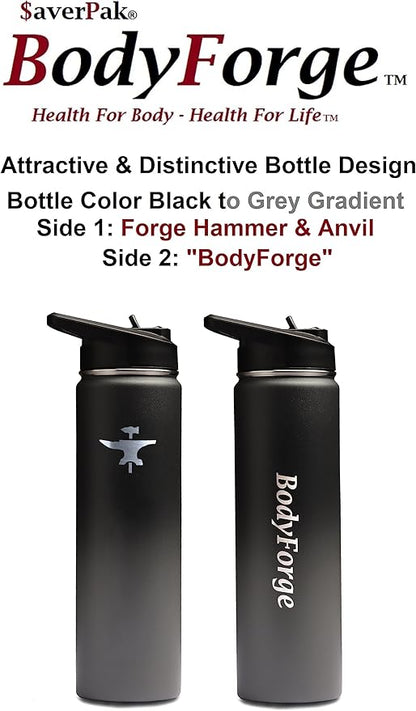 BodyForge Sports Water Bottle - 22oz, 3 Lids & Straw Lid, Leak Proof Stainless Steel Gym & Sport Bottles for Men, Women & Kids - Double Walled, Insulated Thermos, Metal Canteen