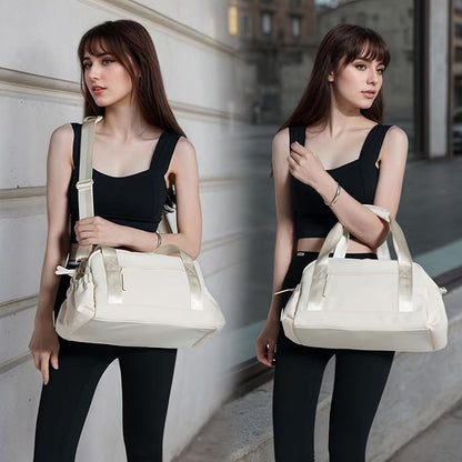 Small Gym Bag for Women, Mini Crossbody Gym Duffle Bag with Wet Compartment, Carry on Gym Tote Bag for Workout Dance Sport Travel (Medium-Beige)