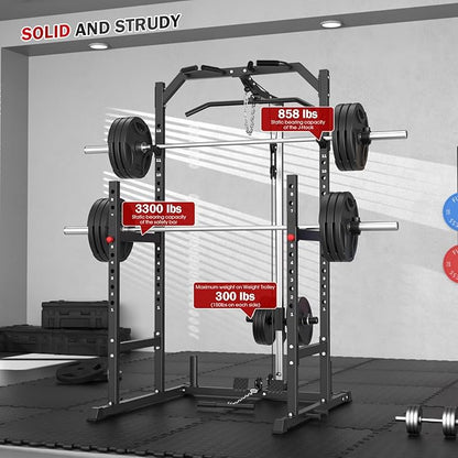 Power Cage, Multi-Function Power Rack with Pulley System Strength Training for Home Gym, Bench Press Squat LAT Pull-Down Pull-up Rowing, All in One Workout Cage