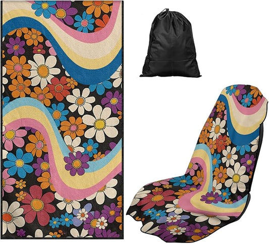 Bulopur Hippie Daisy Car Sweat Towel Seat Cover Washable Quick Dry Car Seat Towel Cover After Gym Beach Yoga Workout Outdoor Surfing Activities Auto Accessories