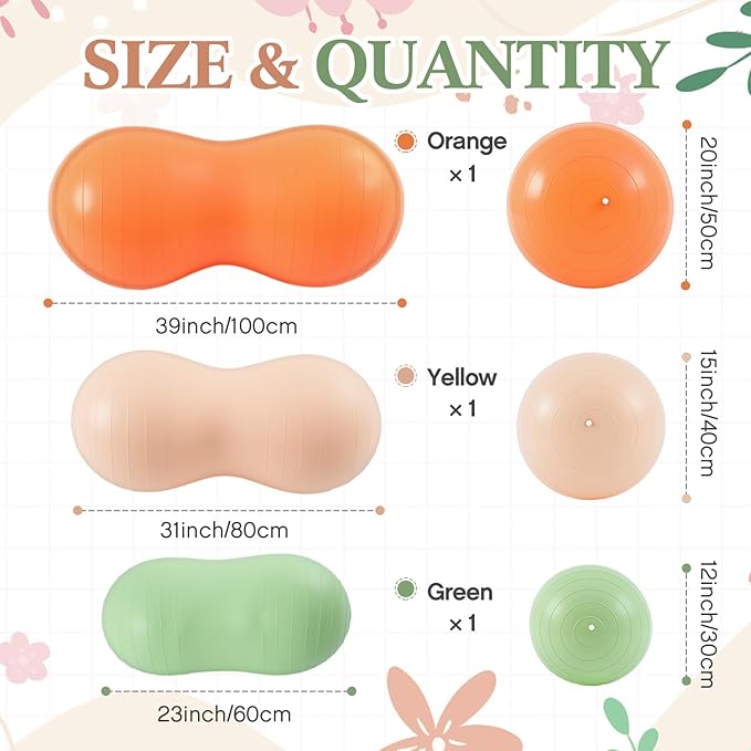 Jexine Peanut Ball for Kids Therapy - 3-Piece Anti-Burst Set, Yoga Balance Exercise Ball for Pregnancy & Home Gym, Includes 1 Pump & 3 Size Options