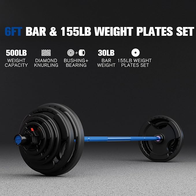 RitFit Barbell Weight Set - 4/6FT Olympic Barbell with Weight Plates (55-115LB Total) - Weightlifting Equipment for Squats, Curls, Deadlifts, Presses, Hip Thrusts