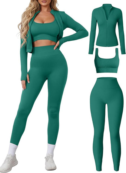 Women 3 Piece Seamless Workout Set Sports Bra High Waisted Gym Yoga Leggings Zip Up Jacket with Thumbhole Activewear