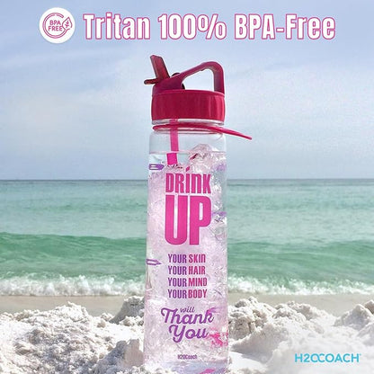H2OCOACH Motivational Hydration Water Bottle, Fitness Sports Tritan Bottle with Straw, Gym Workout Reminder for Better Hydration Water Intake with Time Marker and Measurements, BPA-Free (30 Oz)