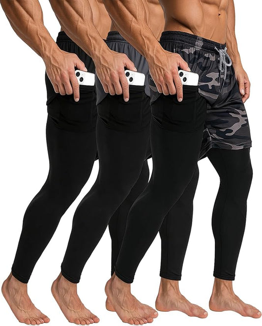 3 Pcs Men's 2 in 1 Athletic Running Pants Quick Dry Gym Workout Compression Pants with Pockets Towel Loop