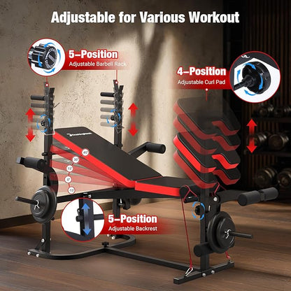 6-in-1 Foldable Weight Bench Set, 1695LBS Adjustable Workout Bench/Barbell Rack/Curl Pad, Bench Press, Leg Extension and Curl machine, Workout Fitness Equipment w/Squat Rack for Home Gym