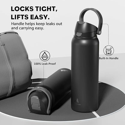 POWCAN 40 oz Insulated Water Bottle for Men: Push-Button Spout & Quick-Flip Straw, Leakproof, Cold for 24 Hrs, Stainless Steel Large Water Bottle for Sports, Camping, Trips, Outdoors (Midnight Black)