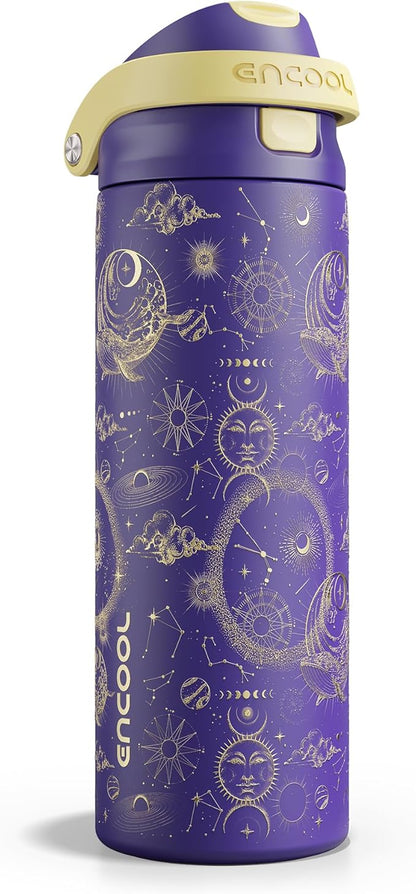 ENCOOL Leakproof Insulated Water Bottle with Straw Dual-Sip Water Bottle Bag-Safe Design for Work, Commute & Gym – Keeps Drinks Cold All Day, 24 oz, Astral Chart