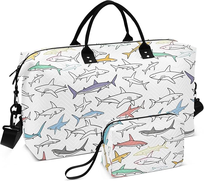 Weekender Bags Travel Duffel Gym Bag Carry on Overnight Tote Bag with Toiletry Bag for Airplane Travel Trip Gym Yoga (Drawing Sharks 2)