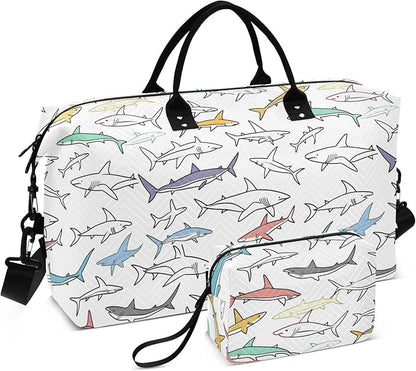 Weekender Bags Travel Duffel Gym Bag Carry on Overnight Tote Bag with Toiletry Bag for Airplane Travel Trip Gym Yoga (Drawing Sharks 2)