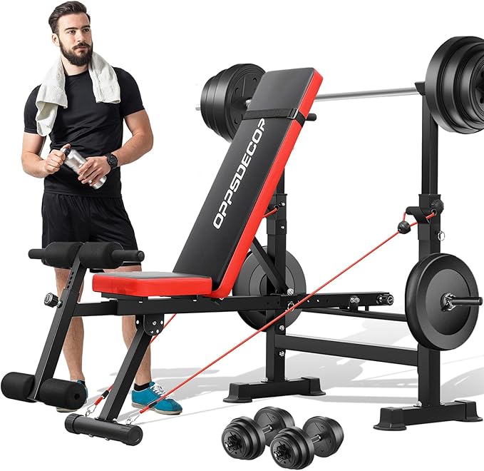 OPPSDECOR 6 in 1 900LBS Weight Bench with Leg Extension and Leg Curl, Foldable Bench Press Set and Squat Barbell Rack with Preacher Curl, Adjustable Workout Bench for Home Gym Strength Training PXZXYX1