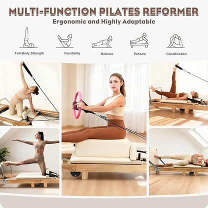 Pilates Reformer, Wooden Foldable Pilates Machine for Home Use, All-in-One Studio Equipment with 6 Springs, Jump Board, Sitting Box & Accessories 3t3 libras