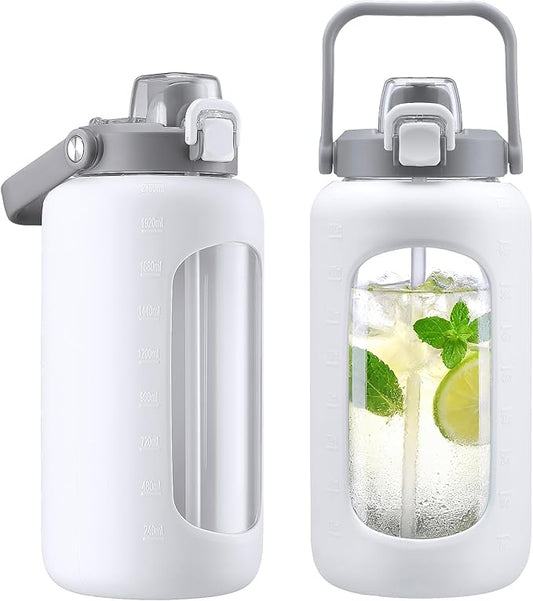 72oz Glass Water Bottle with 2-IN-1 Straw &Chug Lid, Large Motivational Glass Bottle with Capacity Marker and Silicone Sleeve, 2.1Liter Gallon Water Jug for Home, Sports, Gym, BPA Free-White