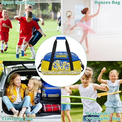 Personalized Cheer Gym Bags for Girls Kids Cheerleaders with Custom Name Sport Dance Perform Training Duffel Bags for Overnight Weekender Travel Blue Yellow