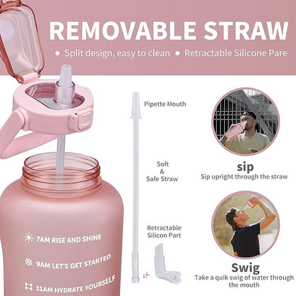 64oz,100oz,128oz Large Motivational Water Bottle with Time Marker, Leakproof & BPA Free Half Gallon Big Water Bottle with Straw Handle Tritan Frosted Water Jug for Gym,Fitness,Outdoor Sports