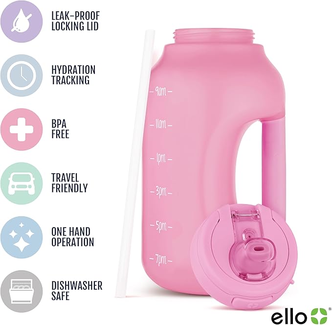 Ello Hydra 64oz Half Gallon Water Jug with Handle and Motivational Time Markers for All Day Hydration, Plastic Reusable Water Bottle with Straw and Locking, Leak Proof Lid, BPA Free
