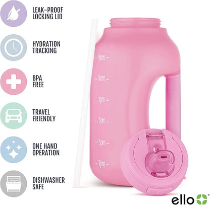 Ello Hydra 64oz Half Gallon Water Jug with Handle and Motivational Time Markers for All Day Hydration, Plastic Reusable Water Bottle with Straw and Locking, Leak Proof Lid, BPA Free