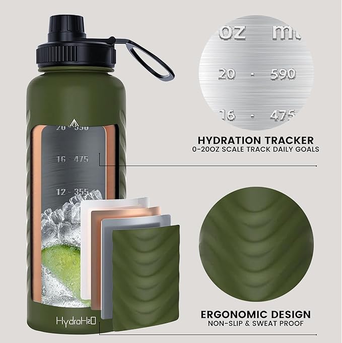 32oz Stainless Steel Insulated Water Bottle, 48H Ice Cold & 24H Hot, Leak-Proof Wide Mouth Lids (Straw & Spout), BPA-Free Bottles, Mens Water Bottle for Gym, Hiking, Travel - Green