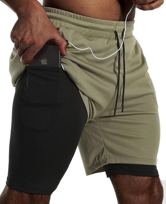 JWJ Mens 2 in 1 Running Shorts Quick Dry Gym Athletic Workout Clothes with Side Pockets