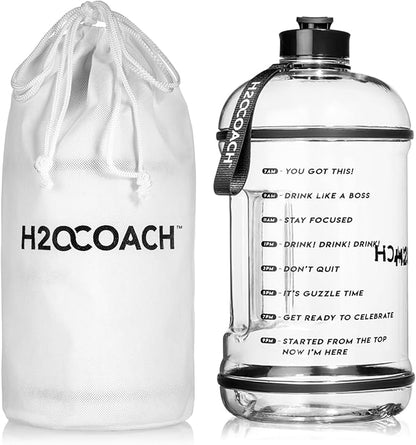 H2OCOACH 1 Gallon Hydration Jug with Time Marker & Measurements, BPA-Free Tritan Sports Drink Container, Motivational Daily Intake Tracker for Gym, Workout, & Fitness Routines (128 oz)