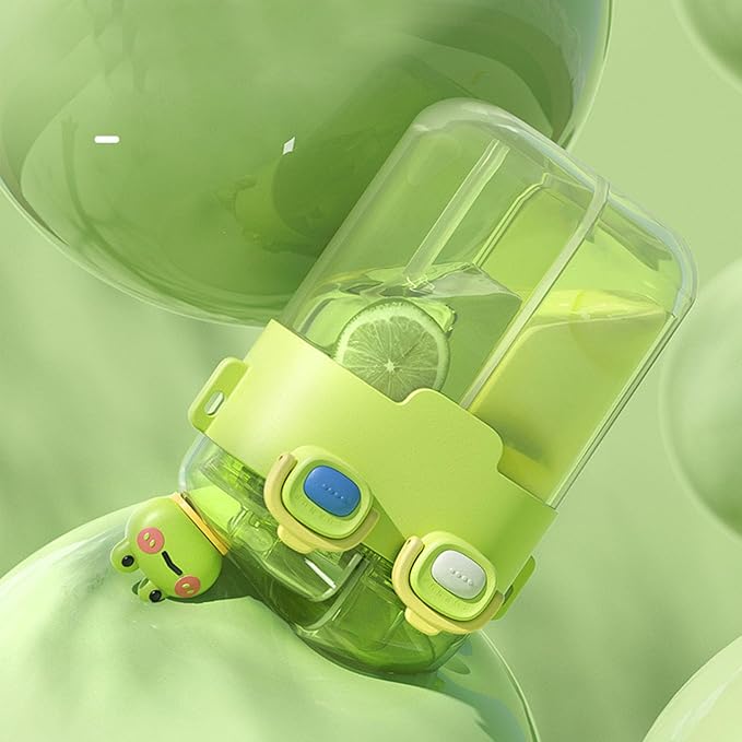 Fdit Kawaii Water Bottles with Straw, Fashion Plastic Double Drinking Water Bottle Adjustable Strap for Sports Fitness Gym Camping (Lime Green 780ml)