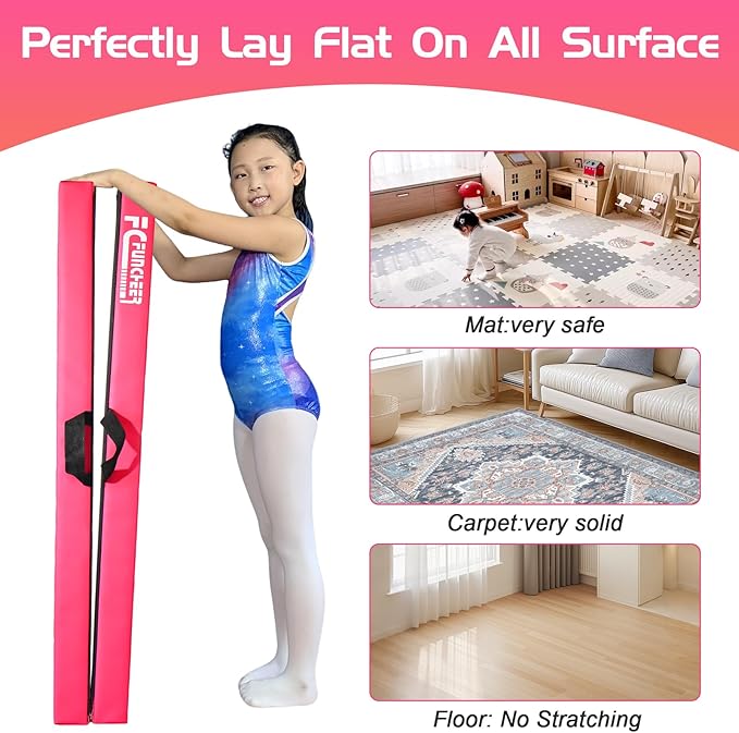 8FT Folding Balance Beam -Gymnastics Floor Beam -Gymnastics Equipment for Kids,Wood core- Anti-Slip Bottom and Carrying Bag for Home