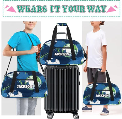 Custom Boys Soccer Gym Duffel Bags for Kids with Personalized Name Sport Training Travel Bags for Overnight Weekender