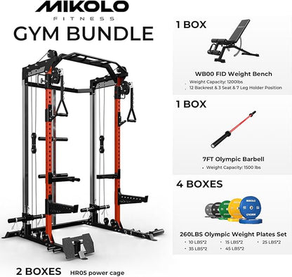 Mikolo Power Cage, 2000LB Power Rack with Independent Dual Pulley System, Multi-Function Home Gym Workout Machine for Cable Crossover