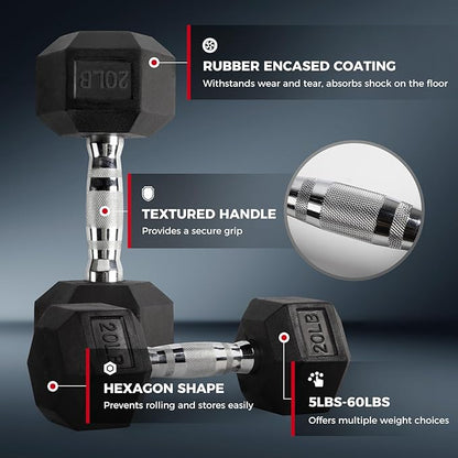 RitFit 250LB/300LB/350LB/550LB/650LB Rubber Hex Dumbbell Sets with Weights Rack, Multiple Color Choices Available, Great Gym Equipment for Home, Strength Training, Workouts