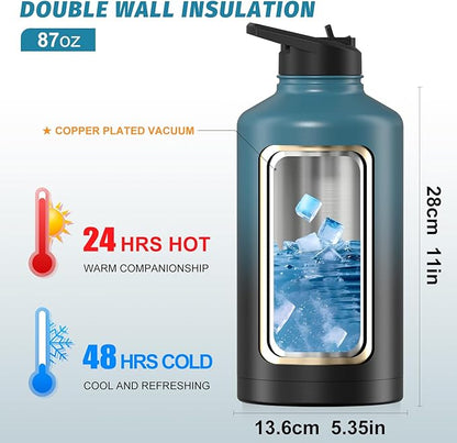 87oz Insulated Water Bottle (Cold for 48 Hrs),BPA Free&Leak Proof,1.5 Gallon Stainless Steel Water Flask,Water Jug with Straw Spout Lids for Gym,Hiking,Camping,Gradient Blue