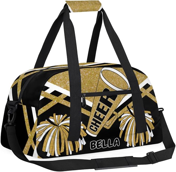Personalized Gym Bag Cheer Bag Kids Girls, Custom Name Weekender Gymnastics Cheerleading Training Bag for Women Traveling Business Trip, Yellow Gold Glitter Black
