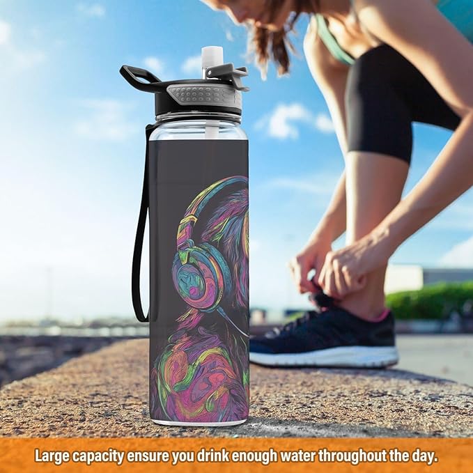 Fustylead Neon Monkey with Headphones Listening To Music 32oz Water Bottle with Straw, Leakproof Clear Sport Water Bottles for Gym Camping Hiking Travel