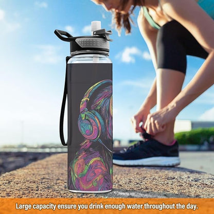 Fustylead Neon Monkey with Headphones Listening To Music 32oz Water Bottle with Straw, Leakproof Clear Sport Water Bottles for Gym Camping Hiking Travel