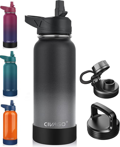 CIVAGO 32 oz Insulated Water Bottle With Straw, Stainless Steel Sports Water Cup Flask with 3 Lids (Straw, Spout and Handle Lid), Wide Mouth Travel Thermal Mug, Classic Omber Gray