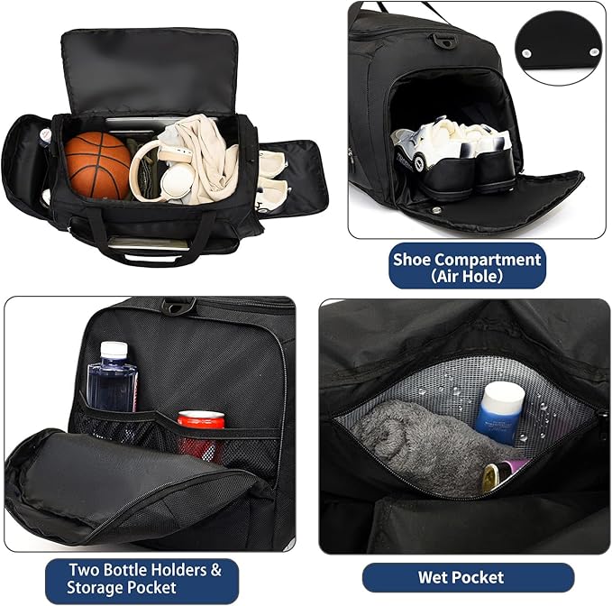 Waterproof Gym Bag with Shoe & Wet Compartment for Men/Women,Sports Duffle Bags for Workout/Fitness/Travel(Black,24.4"x12.6"x11.8")